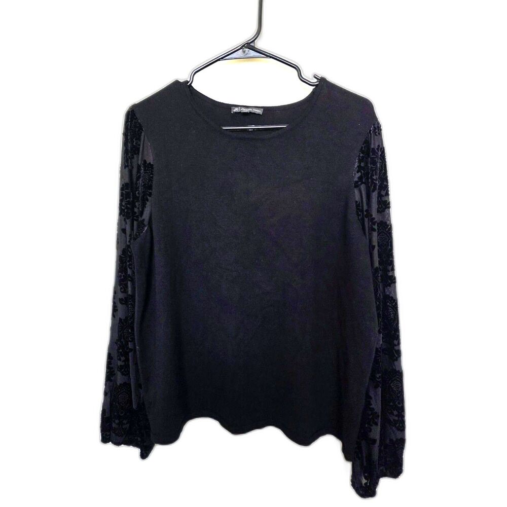Adrianna Papell Black Burnout Velvet Floral Jacquard Bishop Sleeve Top XL